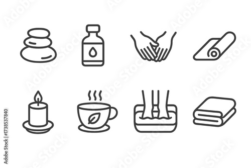 Wellness Icon Set. Outline icon set of relaxation and wellness: spa stones, essential oil bottle, massage hands, yoga mat, calming candle, herbal tea, foot