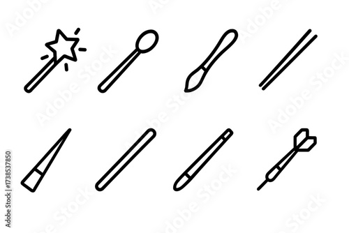 Stick Toys Icons. Solid, filled icon set of stick toys and games: magic wand, drumstick, paintbrush, chopsticks, javelin, baton, cue stick, dart. Line icons in