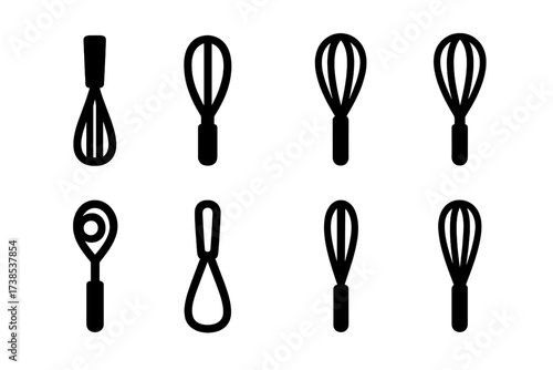 Oak Whisk Icon Set. Solid, filled icon set of oak whisk tools: wooden whisk, oak handle whisk, kitchen whisk, mixing whisk, balloon whisk, dough whisk, wire