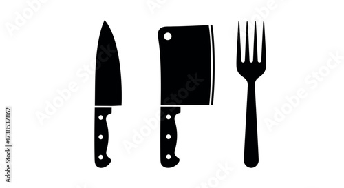 Black Silhouette Icons of Kitchen Knives and Fork on White Background Keywords: kitchen knife, chef knife, cleaver, fork, cutlery, utensil, cooking, food preparation, kitchenware, tool, sharp