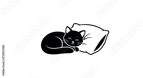 Black silhouette of a cat sleeping curled up on a pillow on a white background vector illustration