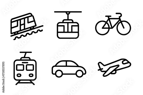 Swiss & Austrian Icons. Outline icon set of Swiss transportation: cogwheel train, cable car, bicycle, ferry, tram, car, airplane, bus. Line icons in only black