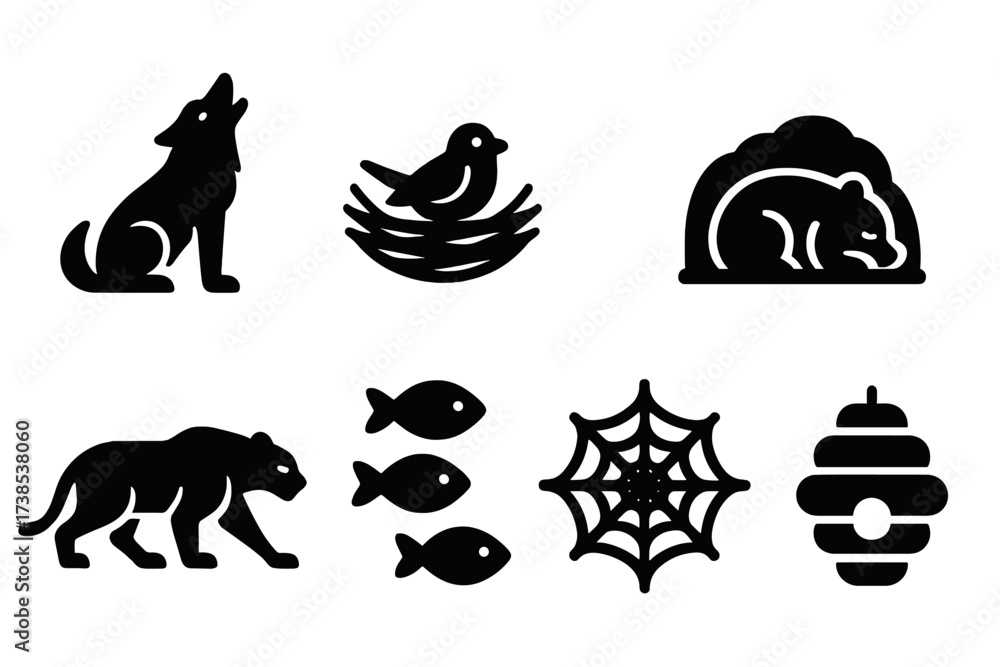 Obraz premium Animal Instinct Icon Set. Solid, filled icon set of animal instincts: wolf howling, bird nesting, bear hibernating, rabbit hiding, lion stalking,