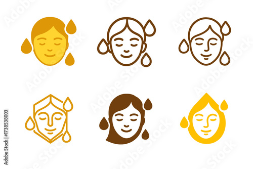 Serum Logo Variations. Using serums for glowing skin. Set Logo of using serums for glowing skin: radiant face with serum drops. harmonious logo variations of