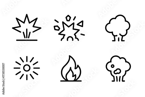 Grenade Effects Icons. Outline icon set of grenade effects: explosion blast, shrapnel, smoke screen, flash burst, stun effect, fire, gas cloud, concussion