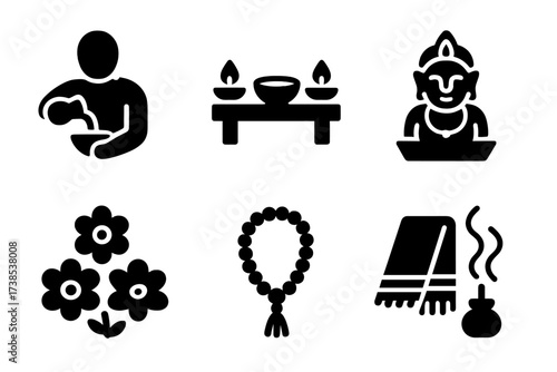 Milk Offering Icons. Solid, filled icon set of milk offering scenes: person pouring milk, altar setup, sacred fire, deity idol, flowers, prayer beads, ritual