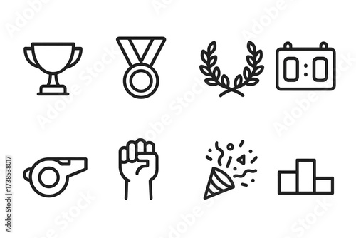 Sports Victory Icons. Outline icon set of sports win: trophy cup, medal, laurel wreath, scoreboard, referee whistle, winner hand, confetti, podium. Line icons