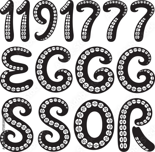 Number and Letter Tentacle Collection. Octopus Underwater Appendage Elements