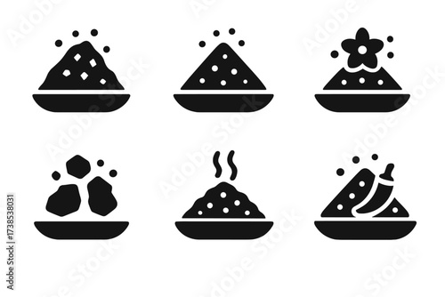Salt Type Icons. Solid, filled icon set of salt types for rimming: kosher salt, sea salt, pink Himalayan salt, flavored salt, coarse salt, smoked salt, black