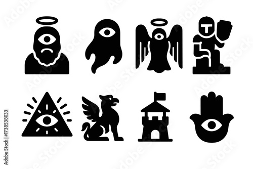 Mythical Watchers Icons. Solid, filled icon set of watchers in mythology: all-seeing god, watchful spirit, guardian angel, sentinel statue, eye of providence,
