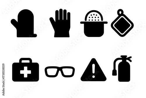 Stirring Safety Icons. Solid, filled icon set of stirring safety: oven mitts, heat resistant gloves, splash guard, pot holder, first aid kit, safety glasses,