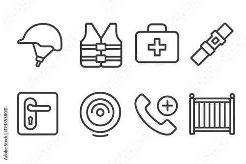 Safety Icons Set. Outline icon set of stepsiblings safety and care: helmet, life jacket, first aid kit, seatbelt, child lock, smoke detector, emergency phone,