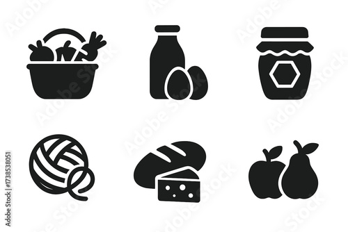 Farmer's Produce Icons. Solid, filled icon set of farmer produce: basket of vegetables, milk bottle, eggs, honey jar, wool, cheese, bread loaf, fruits. [Line