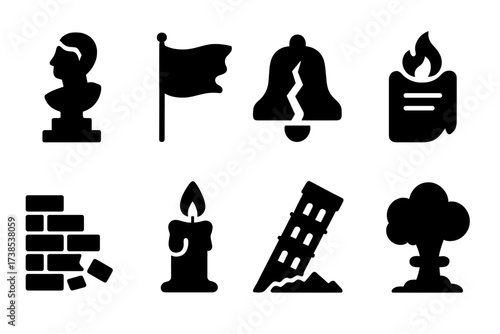 Aftermath Icon Set. Solid, filled icon set of aftermath and ruin: broken statue, burned flag, cracked bell, scorched paper, collapsed wall, melted candle,