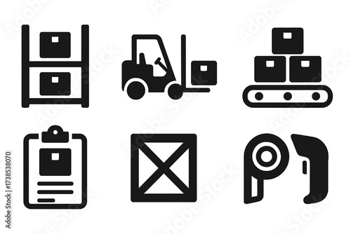Warehouse Operations Icons. Solid, filled icon set of warehouse operations: storage rack, forklift, conveyor belt, box stacking, inventory clipboard, shipping