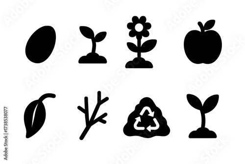 Plant Lifespan Icons. Solid, filled icon set of lifespan in plants: seed, sprout, flower, fruit, wilted leaf, dry branch, compost, regrowth. [Solid, filled