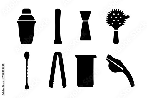 Mojito Tools Icons. Solid, filled icon set of mojito preparation tools: cocktail shaker, muddler, jigger, strainer, bar spoon, ice tongs, mixing glass, citrus