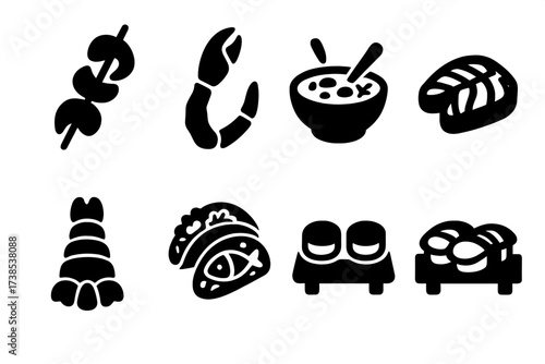 Seafood Icons Set. Solid, filled icon set of seafood main dishes: shrimp skewer, crab leg, clam chowder, salmon fillet, lobster tail, fish tacos, scallops,