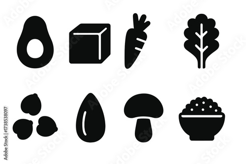 Vegan Food Icons. Solid, filled icon set of vegan food: avocado, tofu block, carrot, kale leaf, chickpeas, almond, mushroom, quinoa bowl. [Line icons in only