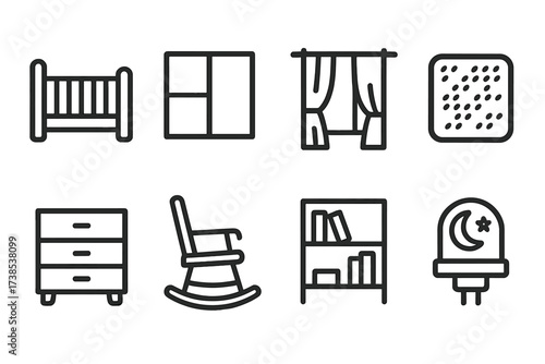 Nursery Outline Icons. Outline icon set of crib placement: nursery room, window, curtain, floor mat, dresser, rocking chair, bookshelf, night light. Line icons
