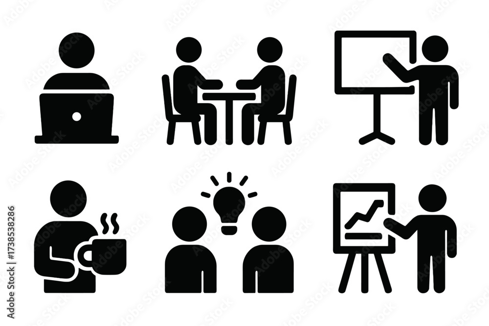 Fototapeta premium Employee Activity Icons. Solid, filled icon set of employee activities: working on laptop, meeting, presentation, coffee break, brainstorming, training,