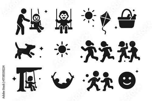 Playful Family Icons. Family fun swing. Solid icons set of parent pushing swing, child laughing, two kids on swings, picnic basket, dog playing, sun shining,