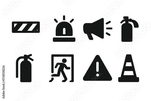 Safety Warning Icons. Solid, filled icon set of forbidden zone warnings: hazard tape, flashing light, loudspeaker, siren, fire extinguisher, emergency exit,