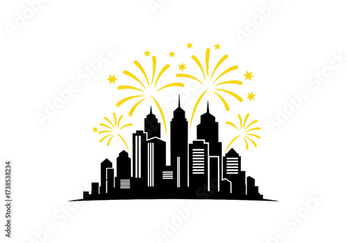 City skyline with fireworks on a transparent background