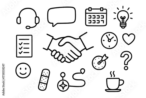 Seeking Help Doodle. Hand-drawn doodle illustration Seeking help after mistakes handshake, speech bubble, headset, notebook, calendar, light bulb, bandage,