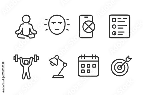 Self-Discipline Icons. Outline icon set of self-discipline: meditation, focused face, no distractions, habit tracker, gym workout, study lamp, calendar, goal