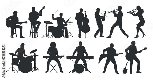 Musicians Silhouettes Performing Musical Instruments Group Black Vector