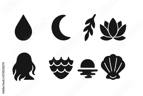 Rusalka Symbol Icons. Solid, filled icon set of rusalka symbols: water droplet, crescent moon, willow branch, lotus flower, flowing hair, fish scale, moonlight