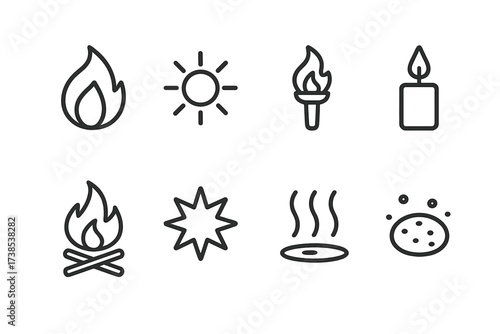 Fire and Sun Icons. Outline icon set of fire energy and power: flame icon, burning sun, torch, candle, bonfire, explosive burst, heat symbol, glowing ember.