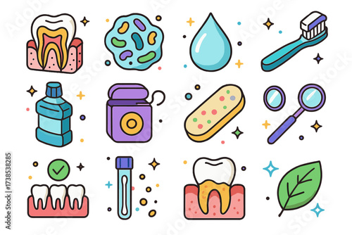 Colorful Oral Microbiome Icons. Oral microbiome. Colorful isometric vector icons set of oral microbiome: tooth cross-section, bacteria colony, saliva droplet,