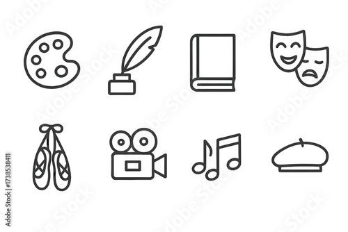 French Art Icons. Outline icon set of French art and literature: paint palette, quill pen, book, theater masks, ballet slippers, film camera, music notes,
