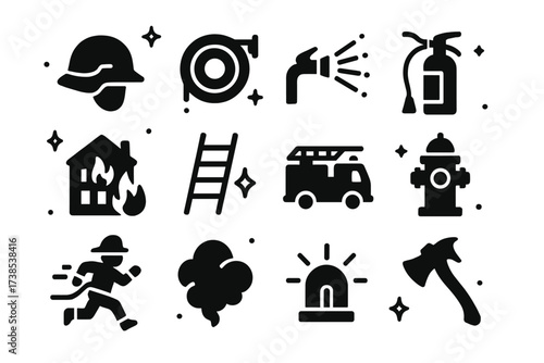 Firefighter Icon Set. Firefighters in action. Solid icons set of firefighter helmet, fire hose, water spray, fire extinguisher, burning building, rescue