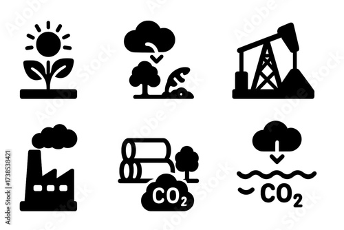 Carbon Cycle Icons. Solid, filled icon set of carbon cycle: photosynthesis, respiration, decomposition, fossil fuel, combustion, carbon storage,