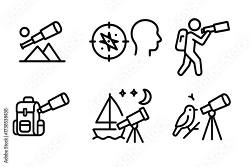 Spyglass Icon Grid. Outline icon set of spyglass uses: exploration, navigation, surveillance, scouting, hiking, sailing, astronomy, birdwatching. Line icons in
