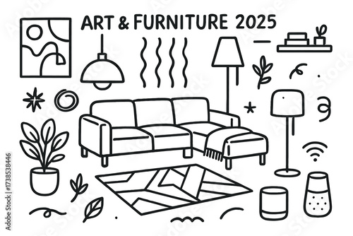 Modern Interior Doodle. Hand-drawn doodle illustration Artistic accents and furniture abstract art, modular sofa, pendant light, floor lamp, geometric rug,