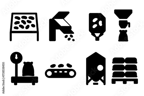 Bean Processing Icons. Solid, filled icon set of dried bean processing: drying rack, sorting machine, seed cleaner, bagging machine, weighing scale, conveyor