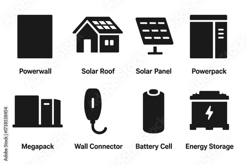 Tesla Energy Icons. Solid, filled icon set of Tesla energy products: Powerwall, Solar Roof, Solar Panel, Powerpack, Megapack, Wall Connector, Battery Cell,