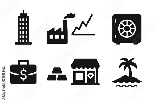 Billionaire Asset Icons. Solid, filled icon set of billionaire business assets: skyscraper, factory, stock market graph, bank vault, investment portfolio, gold