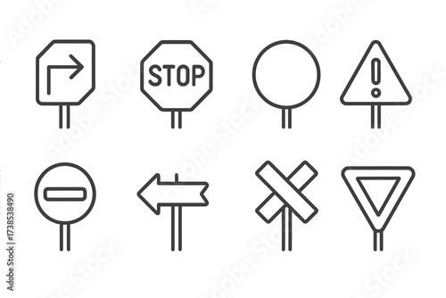 Icon Set Collection. Outline icon set of road signs and signals: arrow sign, stop sign, speed limit, caution sign, no entry, detour, railroad crossing, yield.