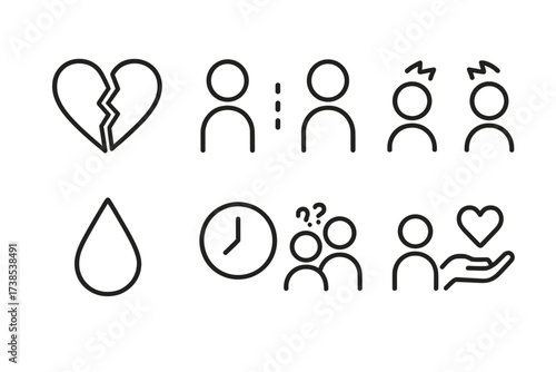 Love Story Icons. Outline icon set of love story challenges: broken heart, distance, sad face, argument, tear drop, time apart, misunderstanding, peace