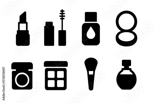 Travel Cosmetics Icons. Solid, filled icon set of travel size cosmetics: mini lipstick, travel mascara, small foundation bottle, compact powder, tiny blush,