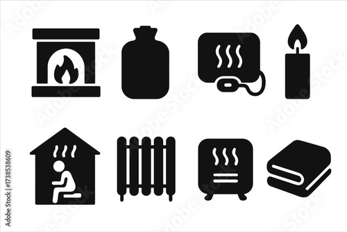 Cozy Warmth Icons. Solid, filled icon set of warming objects: fireplace, hot water bottle, heating pad, candle flame, sauna, radiator, electric heater, warm