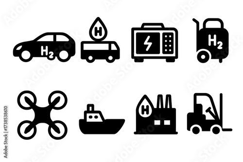 Fuel Cell Applications. Solid, filled icon set of fuel cell applications: hydrogen car, fuel cell bus, backup power system, portable generator, drone, marine