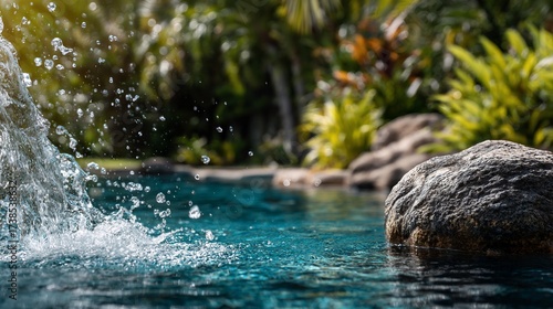 Wallpaper Mural Refreshing pool with waterfall & lush greenery, tropical vibe. Splashing water, rock Torontodigital.ca