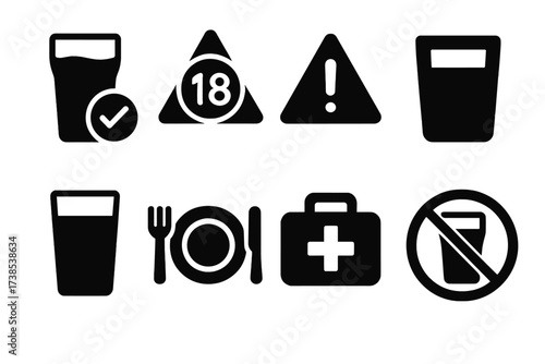 Safety and Moderation Icons. Solid, filled icon set of pint safety and moderation: drink responsibly sign, age restriction, warning sign, water glass, food