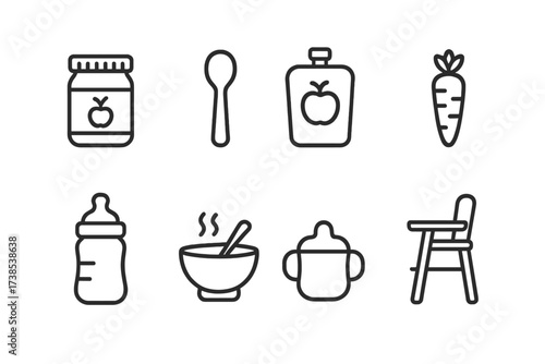 Baby Nutrition Icons. Outline icon set of baby nutrition: baby food jar, spoon, fruit puree, vegetable puree, milk bottle, cereal bowl, sippy cup, feeding